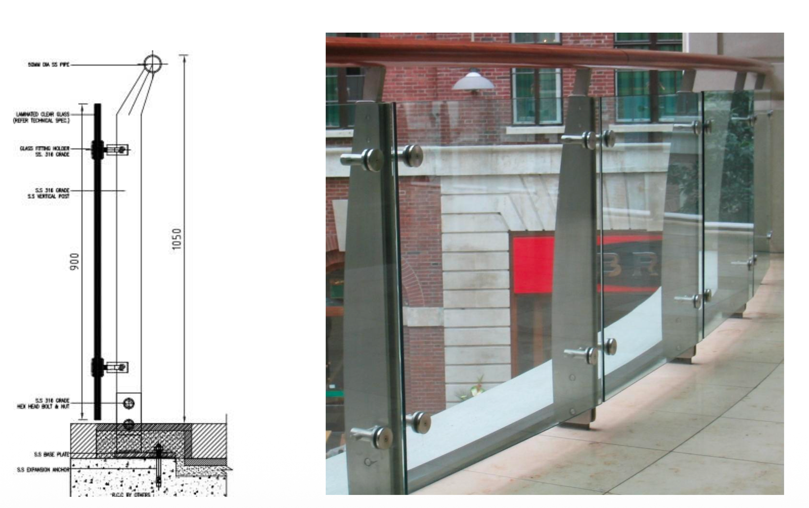 Glass balustrade detail from the Aesthetic Facade profile